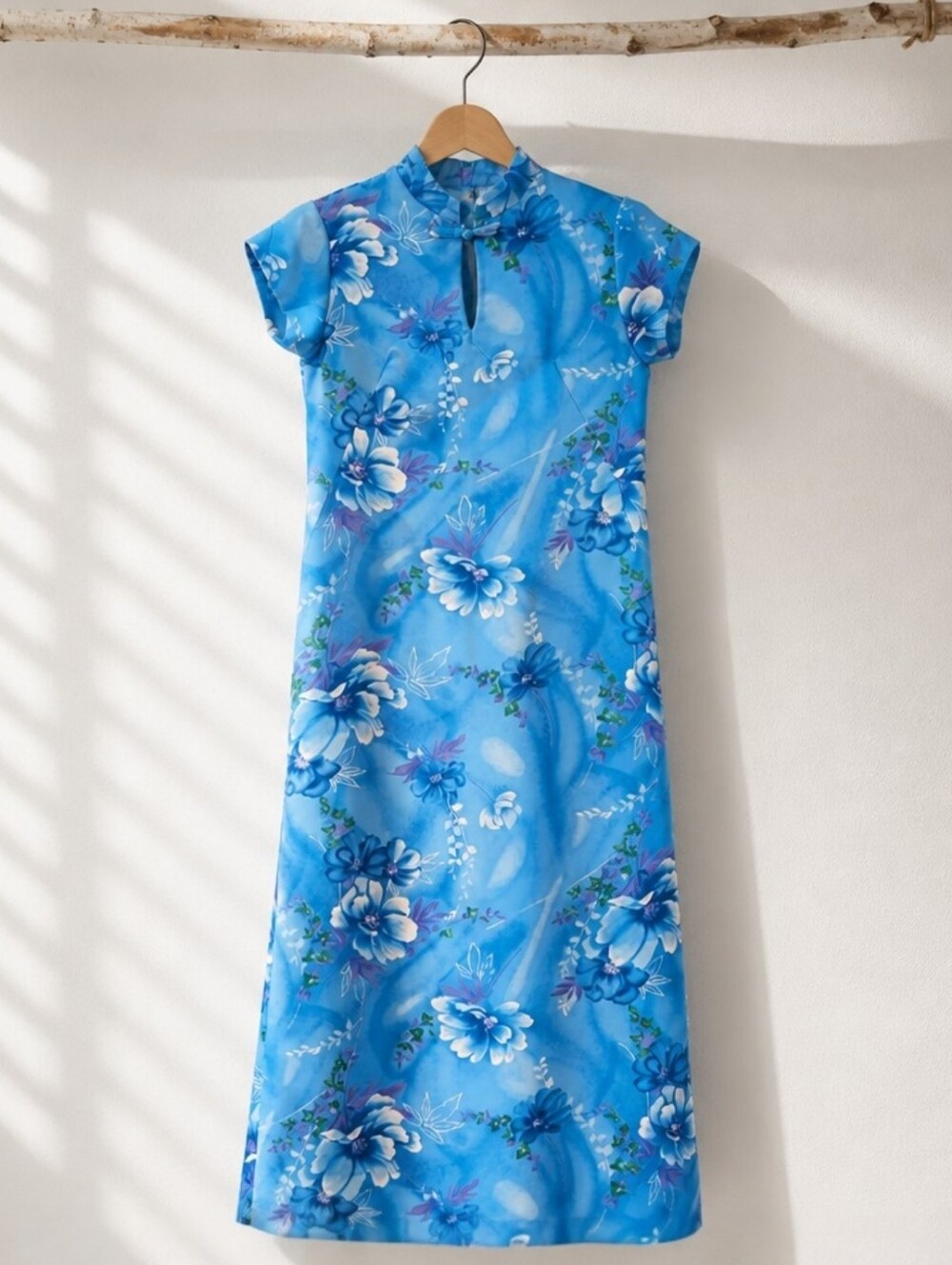 Island Casuals Vintage Blue Hawaiian Maxi Dress Size 8 Cheongsam Qipao USA Made
